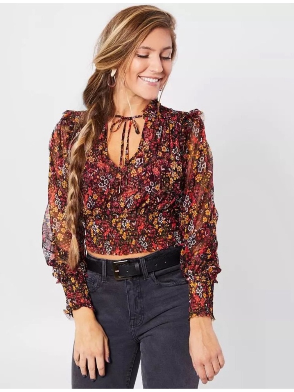 Free People Twyla MeshBoho Floral Tie-Neck Long Sleeve Top
